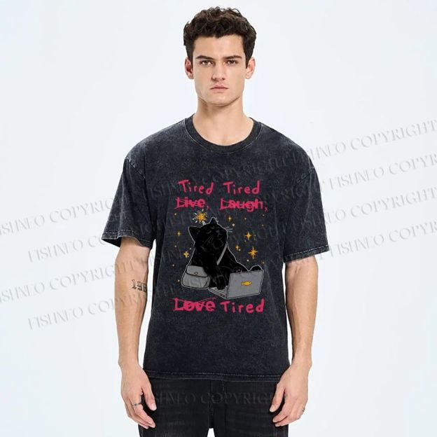 Unisex Tired Cat Vibes Printed Washed Tee