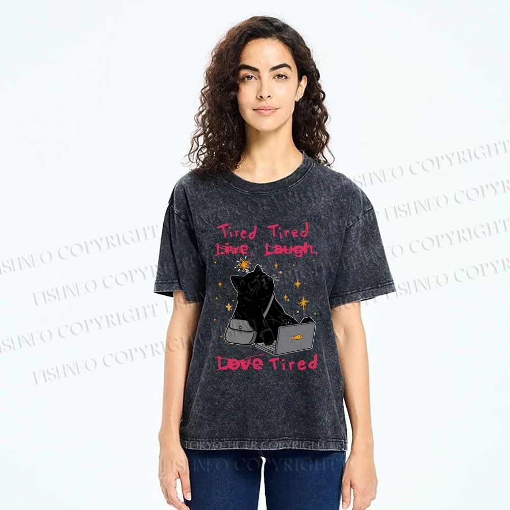 Unisex Tired Cat Vibes Printed Washed Tee
