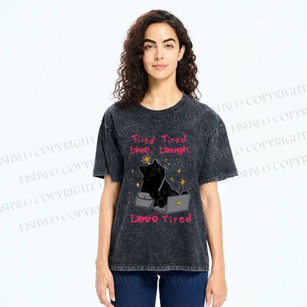 Unisex Tired Cat Vibes Printed Washed Tee