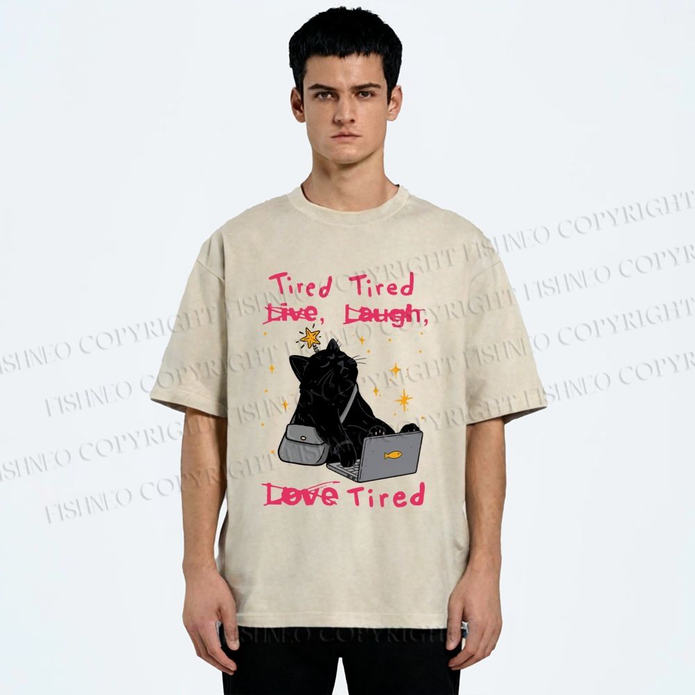 Unisex Tired Cat Vibes Printed Washed Tee