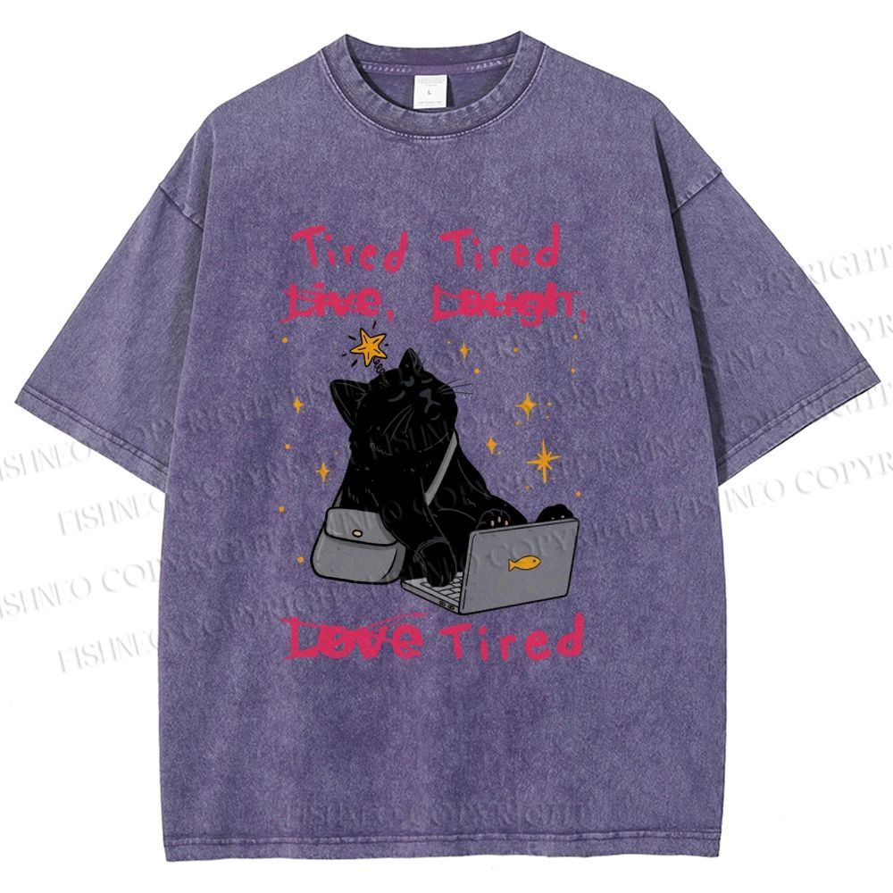 Unisex Tired Cat Vibes Printed Washed Tee
