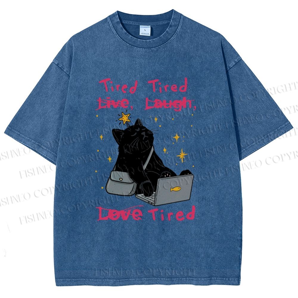 Unisex Tired Cat Vibes Printed Washed Tee