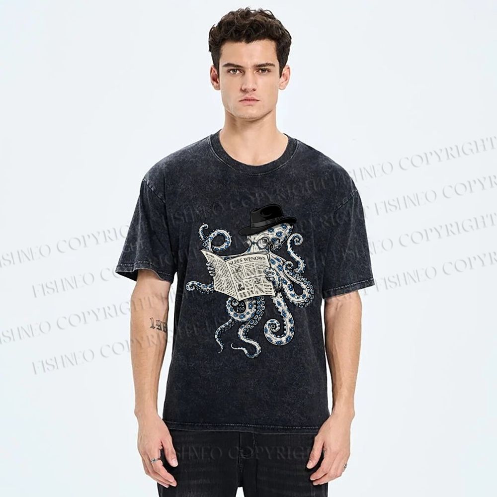 Unisex Gentleman Octopus Printed Washed Tee
