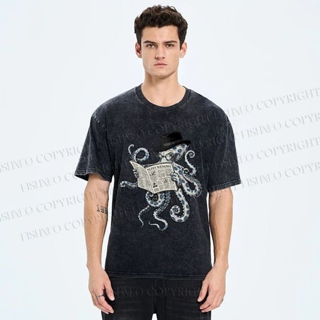 Unisex Gentleman Octopus Printed Washed Tee