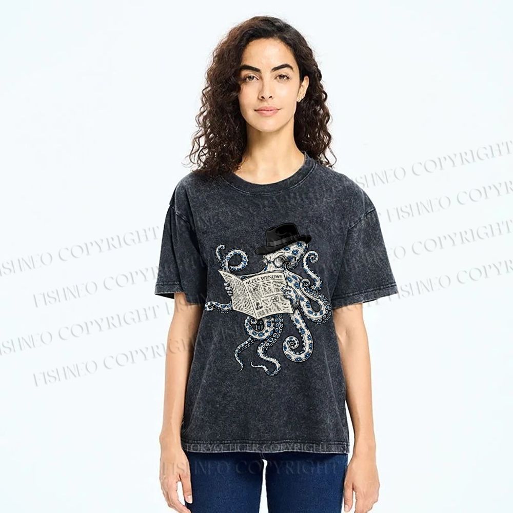 Unisex Gentleman Octopus Printed Washed Tee