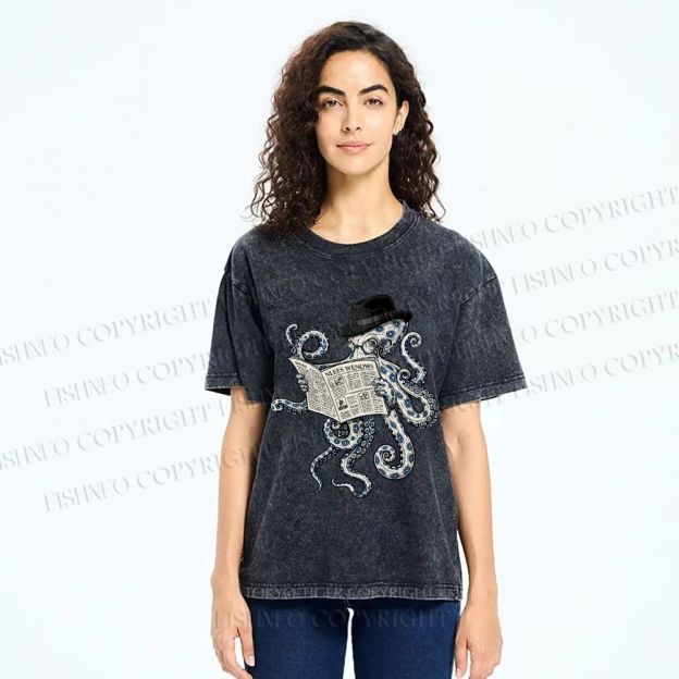 Unisex Gentleman Octopus Printed Washed Tee