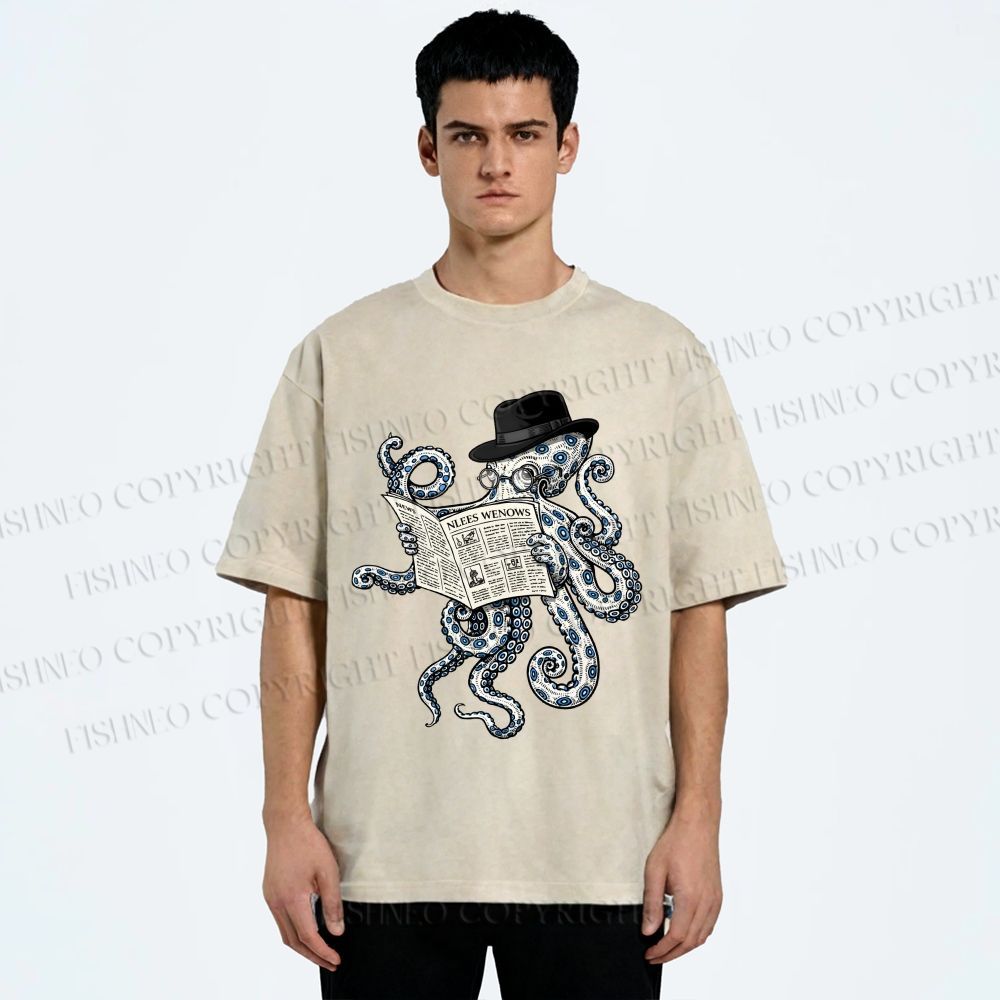 Unisex Gentleman Octopus Printed Washed Tee