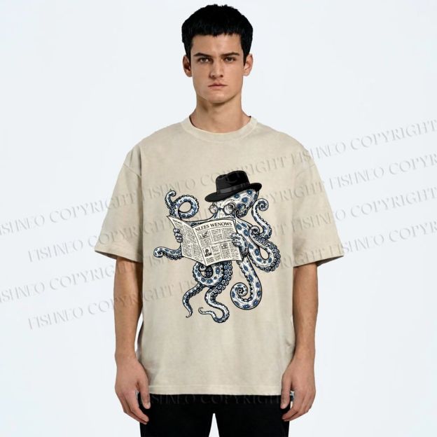 Unisex Gentleman Octopus Printed Washed Tee