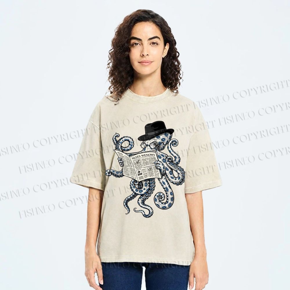Unisex Gentleman Octopus Printed Washed Tee