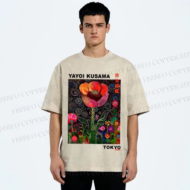 Unisex Yayoi Kusama Flower Printed Washed Tee