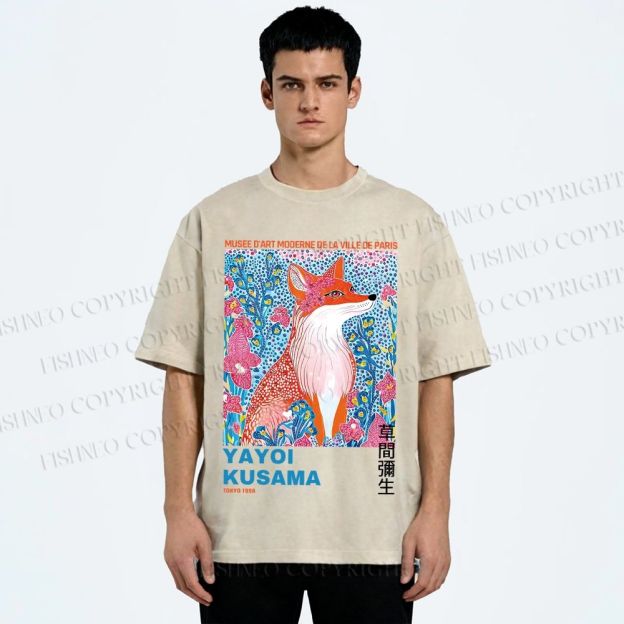 Unisex Yayoi Kusama Fox Printed Washed Tee