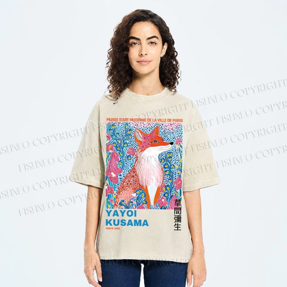 Unisex Yayoi Kusama Fox Printed Washed Tee