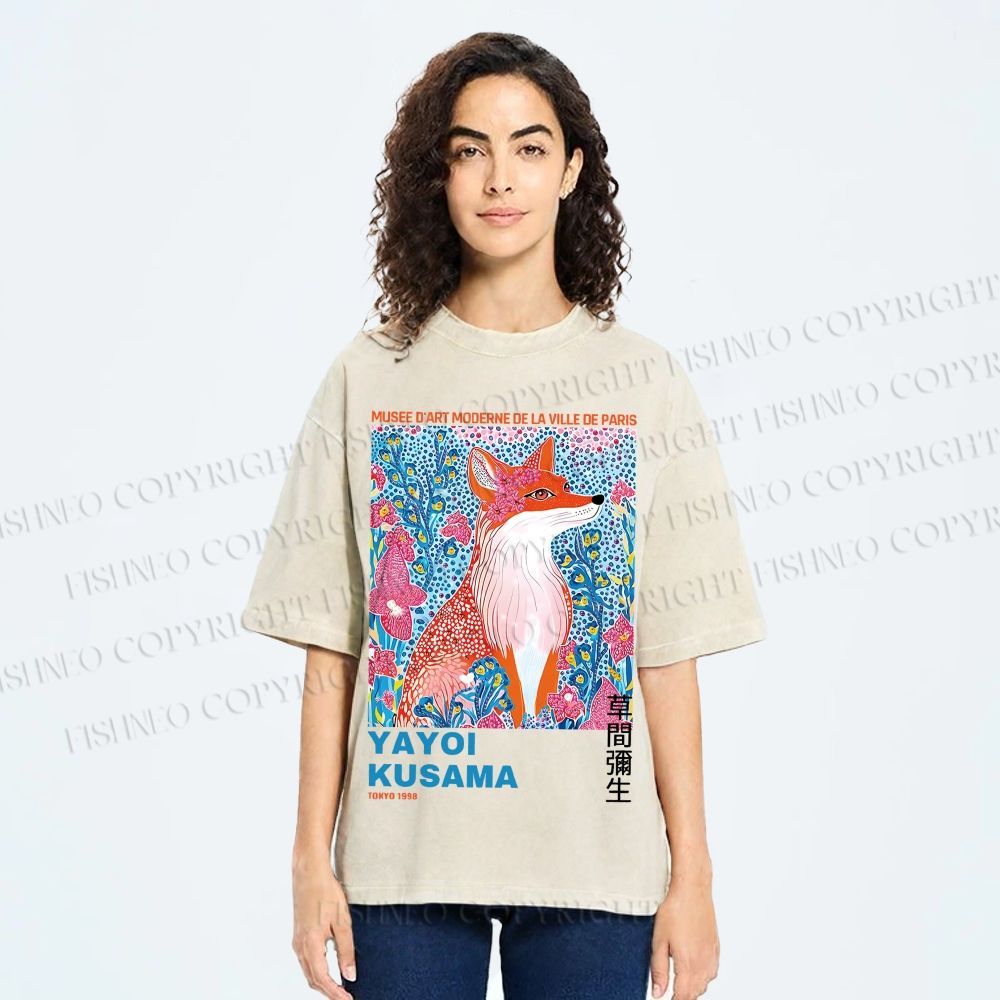 Unisex Yayoi Kusama Fox Printed Washed Tee