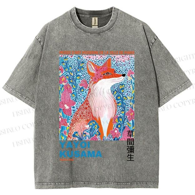 Unisex Yayoi Kusama Fox Printed Washed Tee