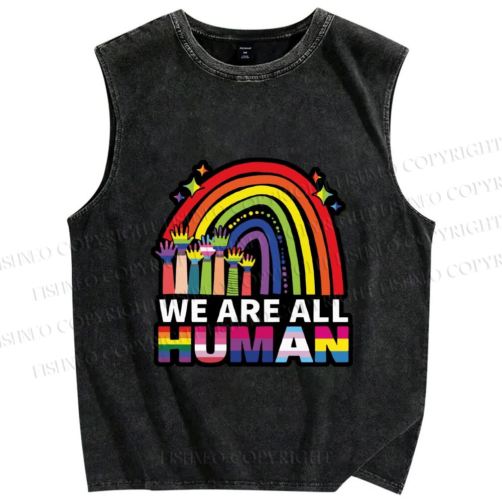 Unisex Pride We Are All Human Printed Washed Tank Top