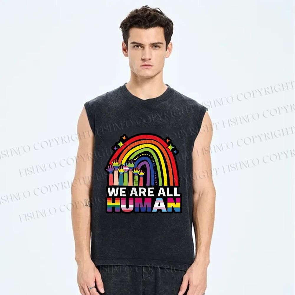 Unisex Pride We Are All Human Printed Washed Tank Top