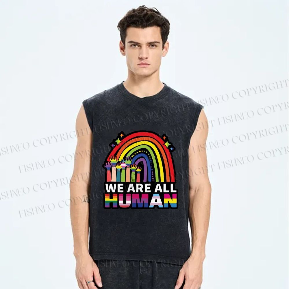 Unisex Pride We Are All Human Printed Washed Tank Top