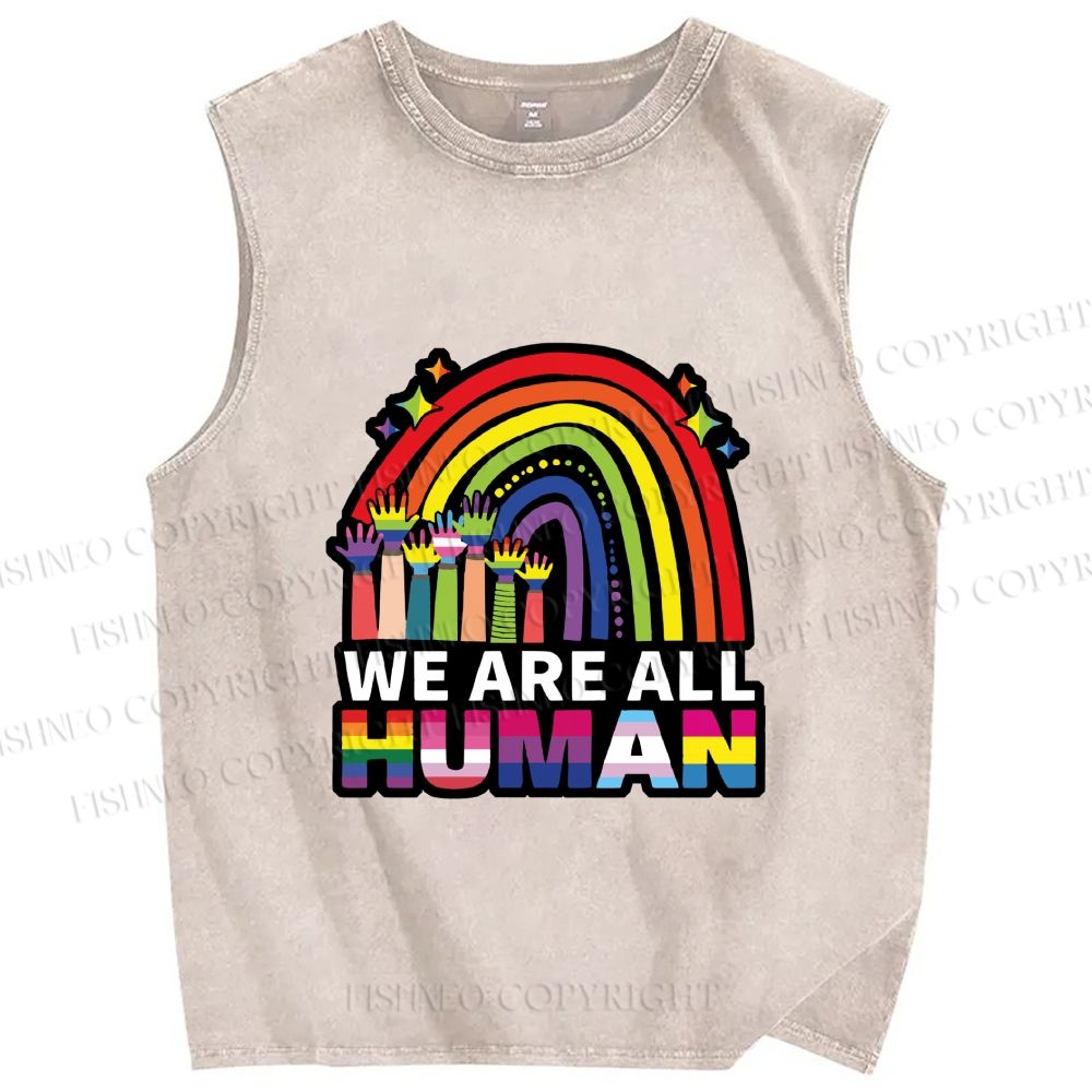 Unisex Pride We Are All Human Printed Washed Tank Top