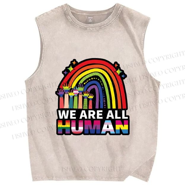 Unisex Pride We Are All Human Printed Washed Tank Top
