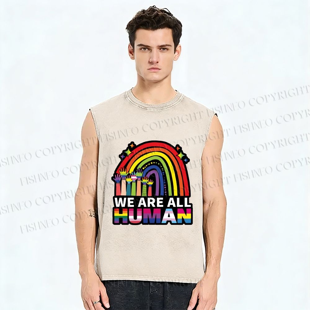 Unisex Pride We Are All Human Printed Washed Tank Top