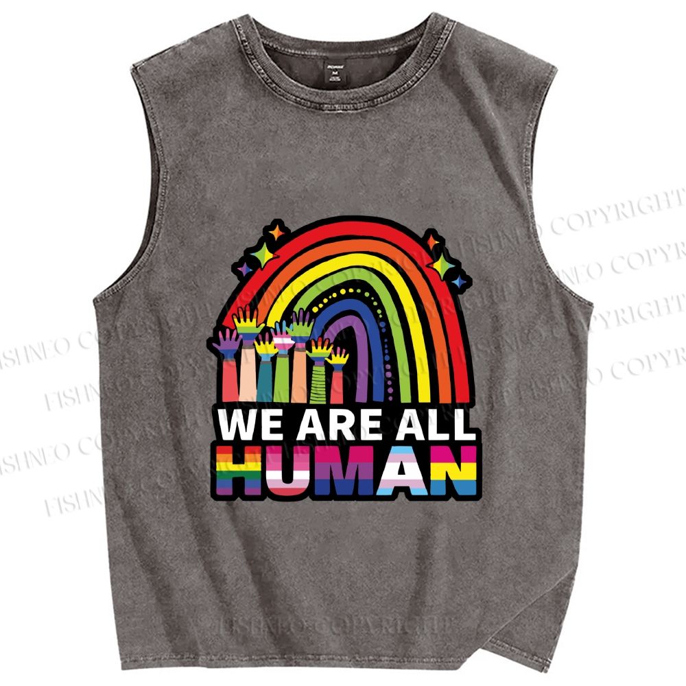 Unisex Pride We Are All Human Printed Washed Tank Top
