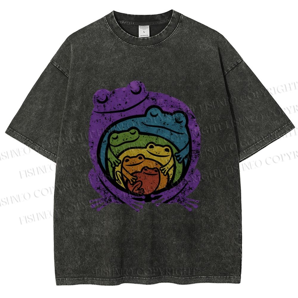 Unisex Rainbow Frogs Hugging Printed Washed Tee