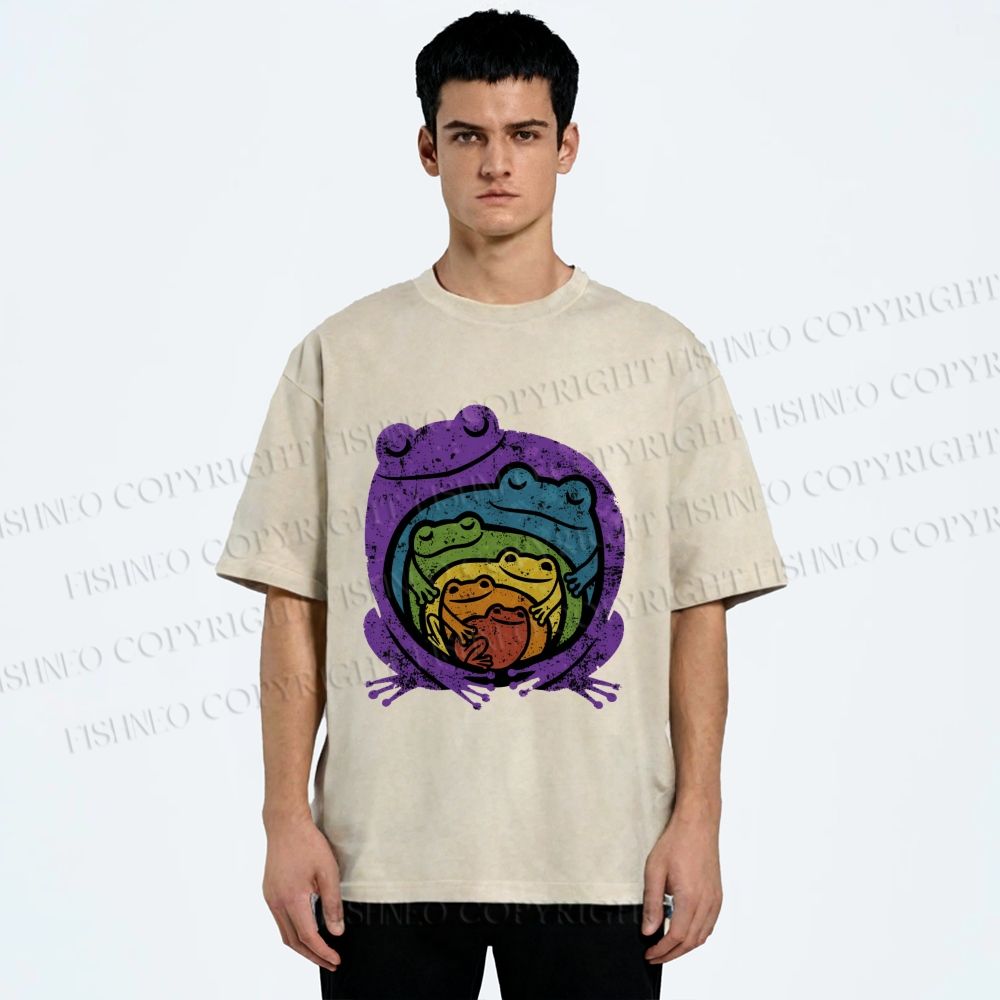 Unisex Rainbow Frogs Hugging Printed Washed Tee