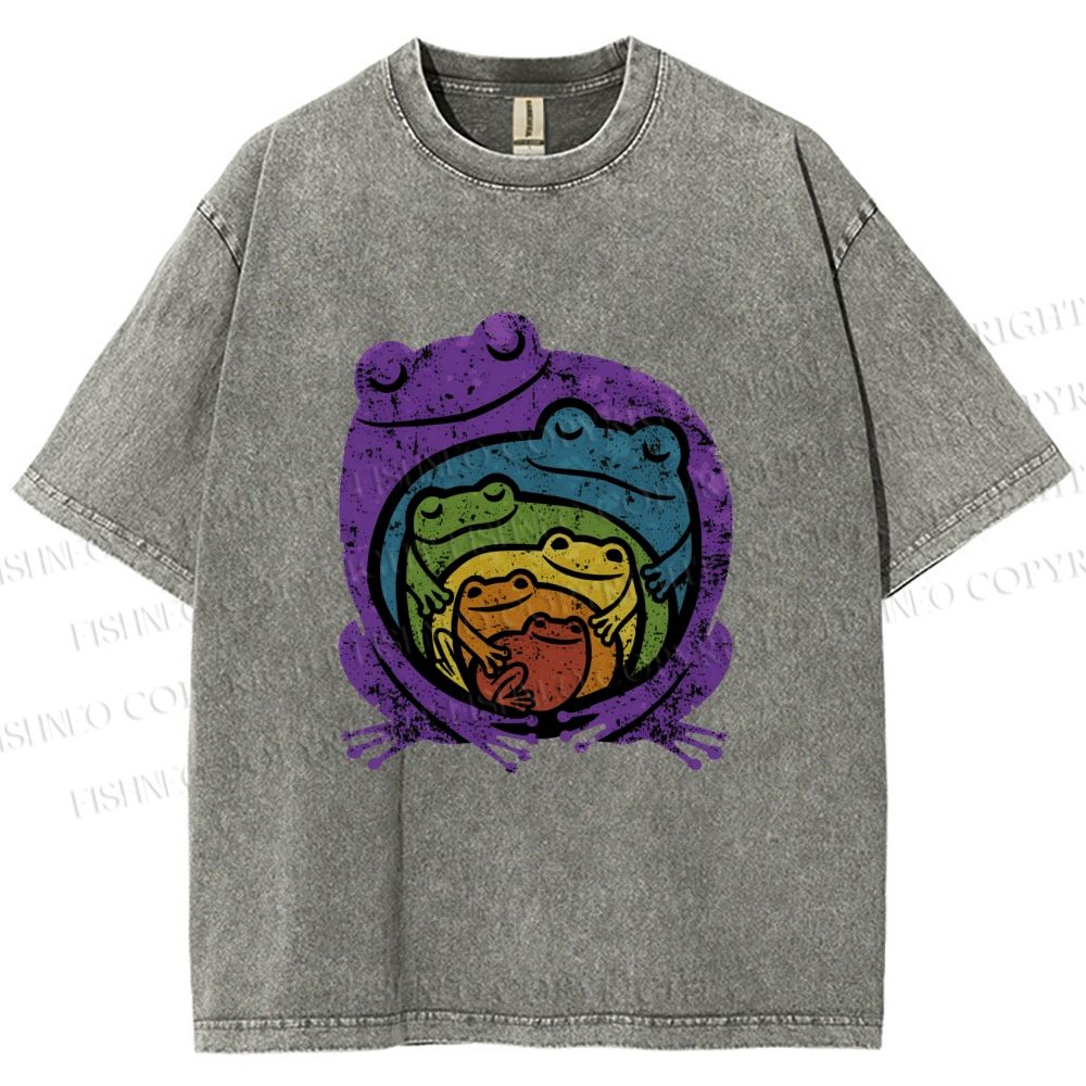 Unisex Rainbow Frogs Hugging Printed Washed Tee