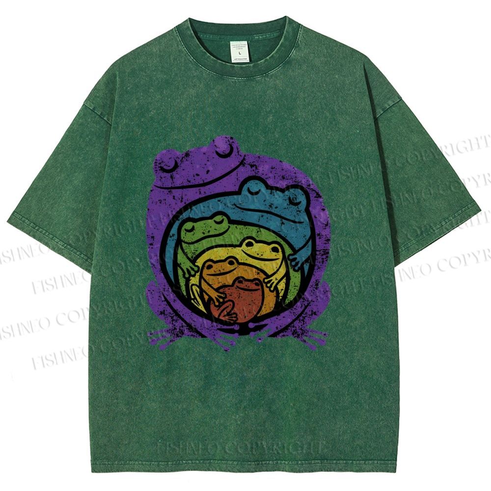 Unisex Rainbow Frogs Hugging Printed Washed Tee
