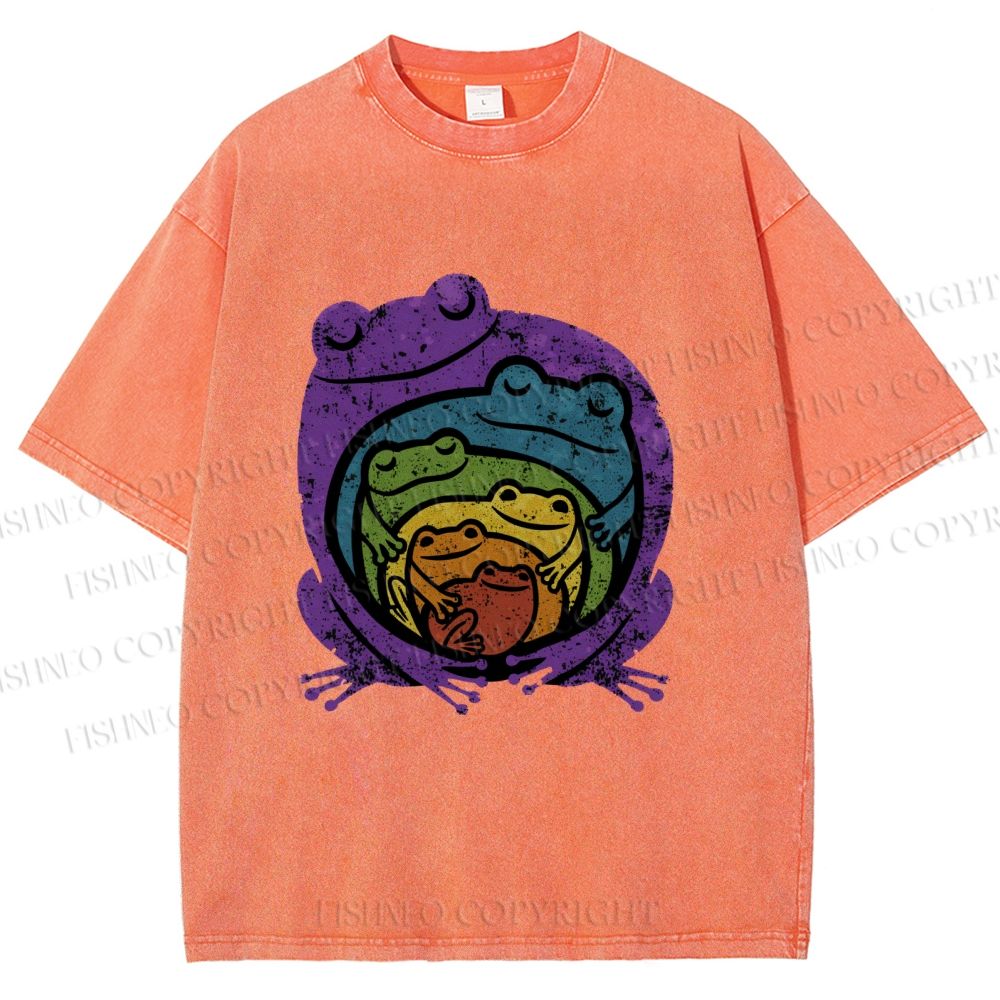 Unisex Rainbow Frogs Hugging Printed Washed Tee