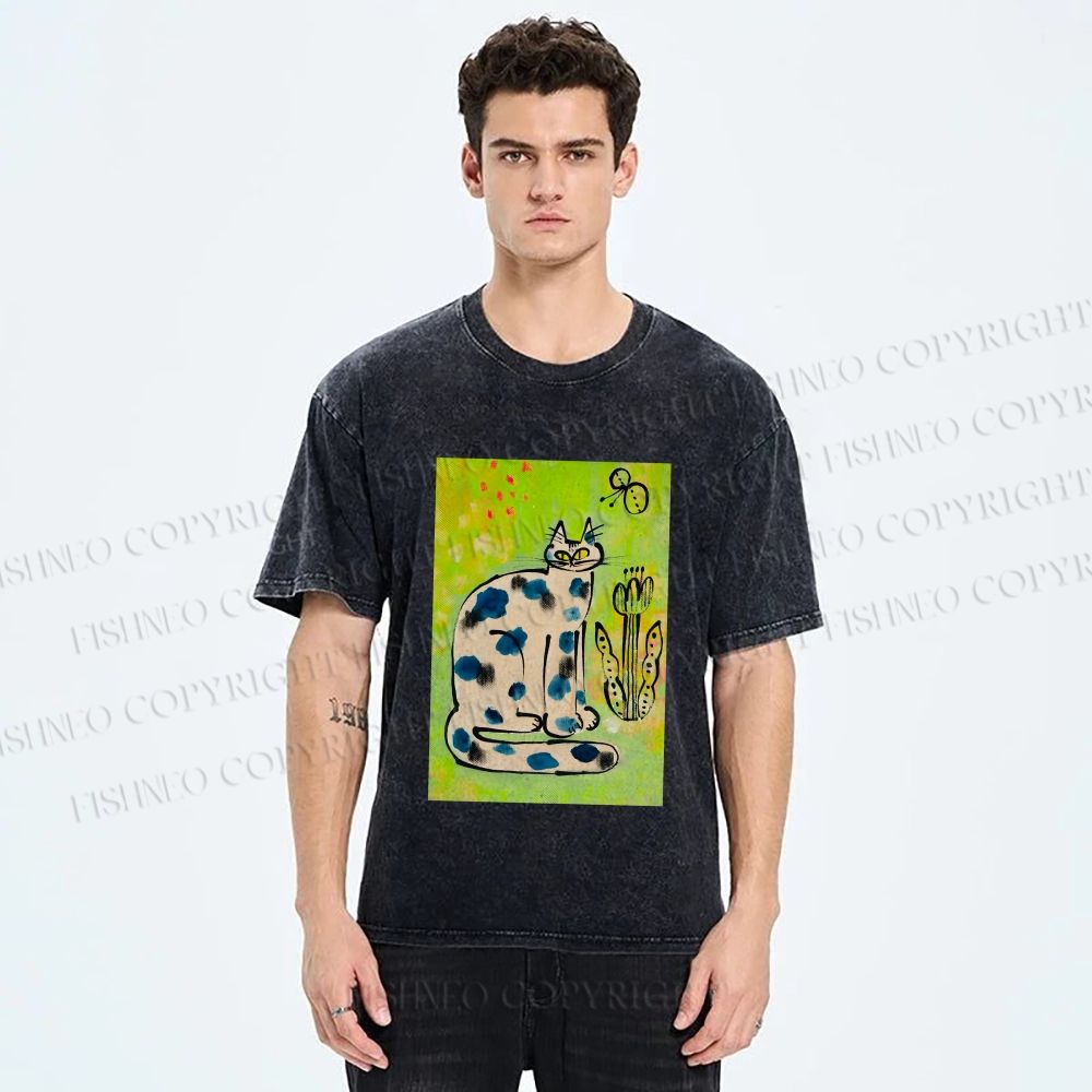 Unisex Painterly Spotted Cat Printed Washed Tee