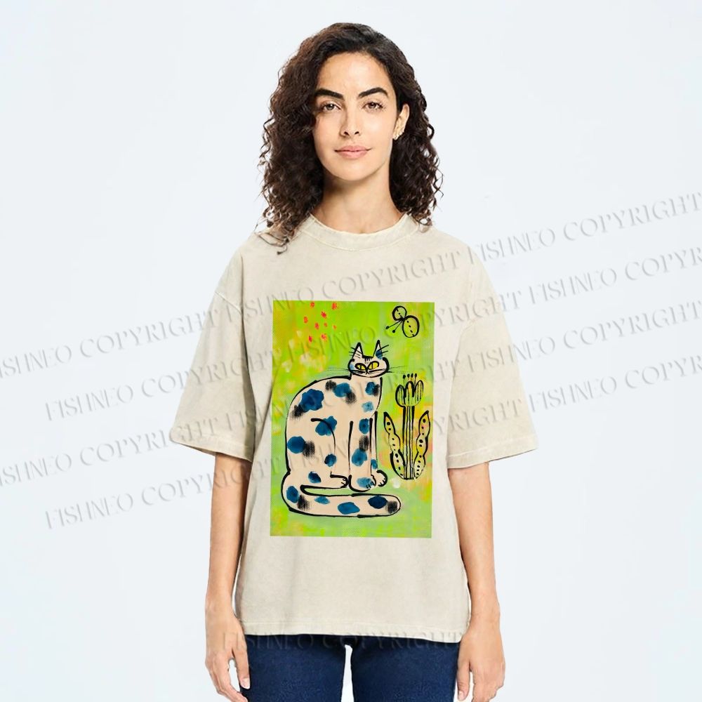 Unisex Painterly Spotted Cat Printed Washed Tee