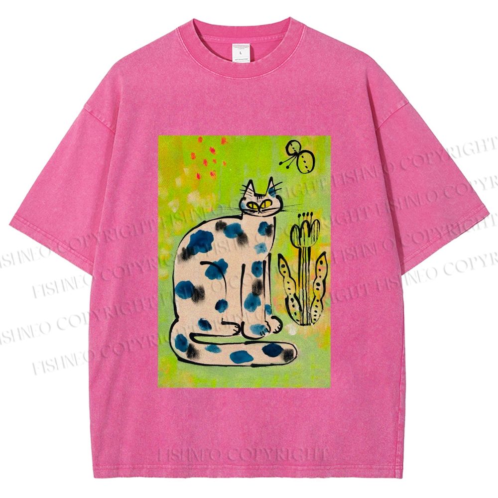 Unisex Painterly Spotted Cat Printed Washed Tee