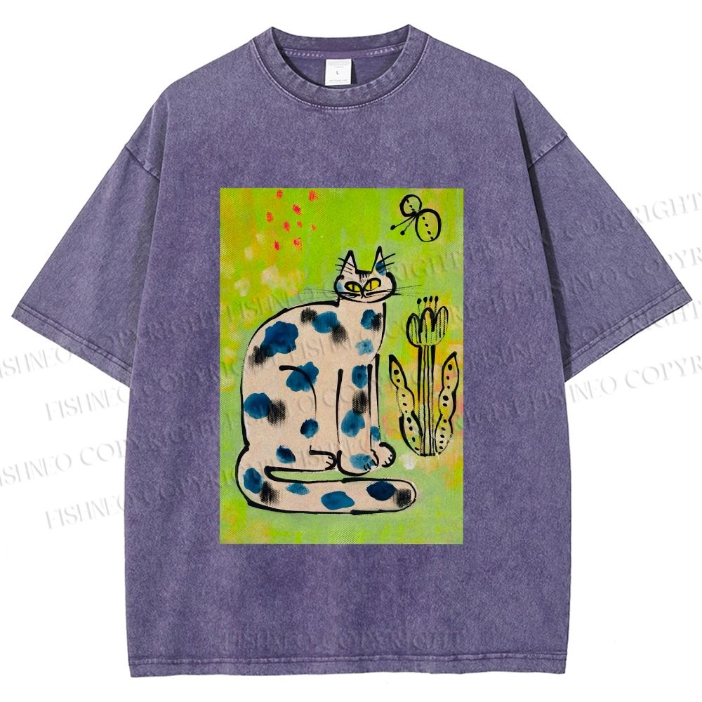 Unisex Painterly Spotted Cat Printed Washed Tee