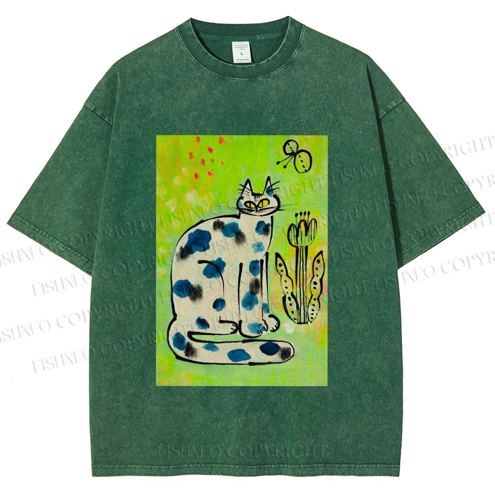 Unisex Painterly Spotted Cat Printed Washed Tee