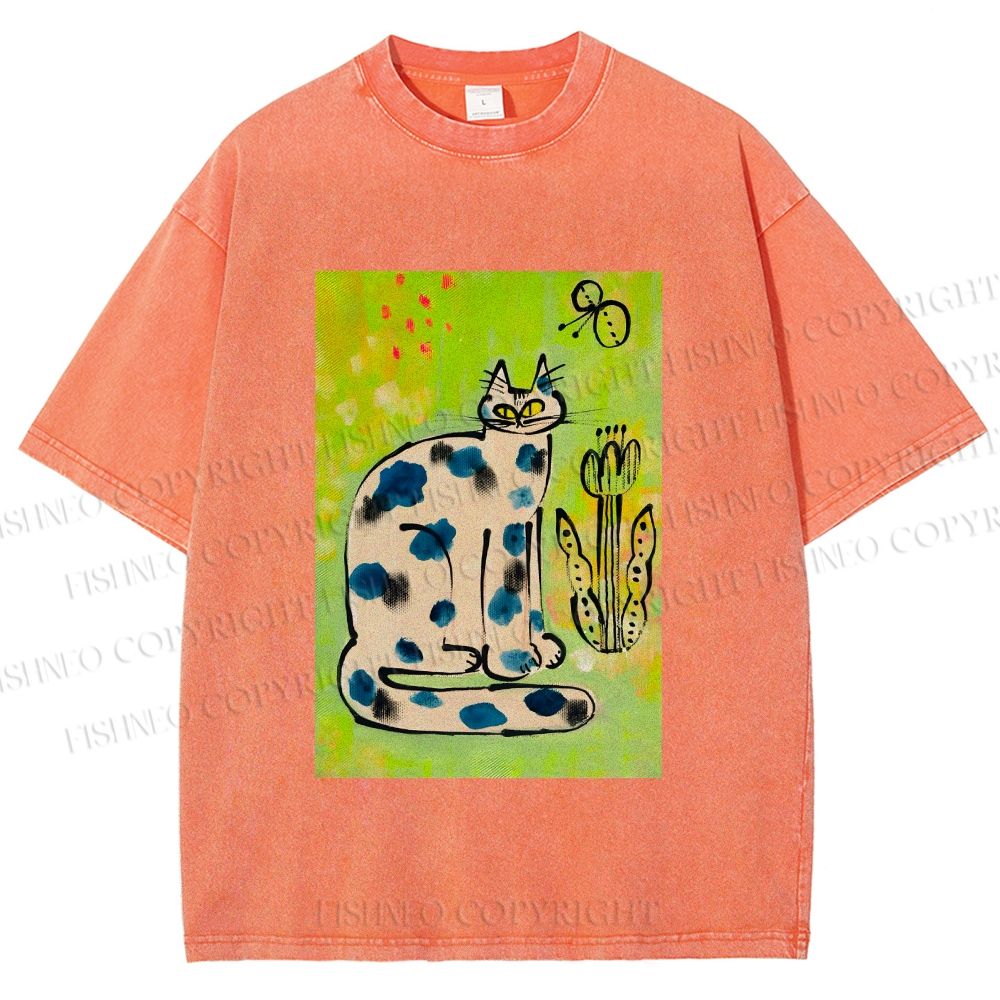 Unisex Painterly Spotted Cat Printed Washed Tee