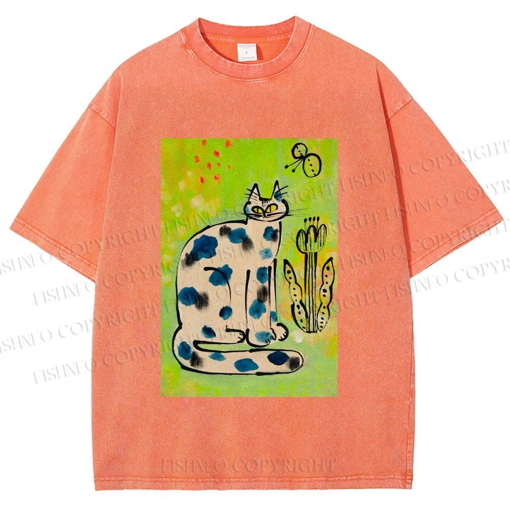 Unisex Painterly Spotted Cat Printed Washed Tee