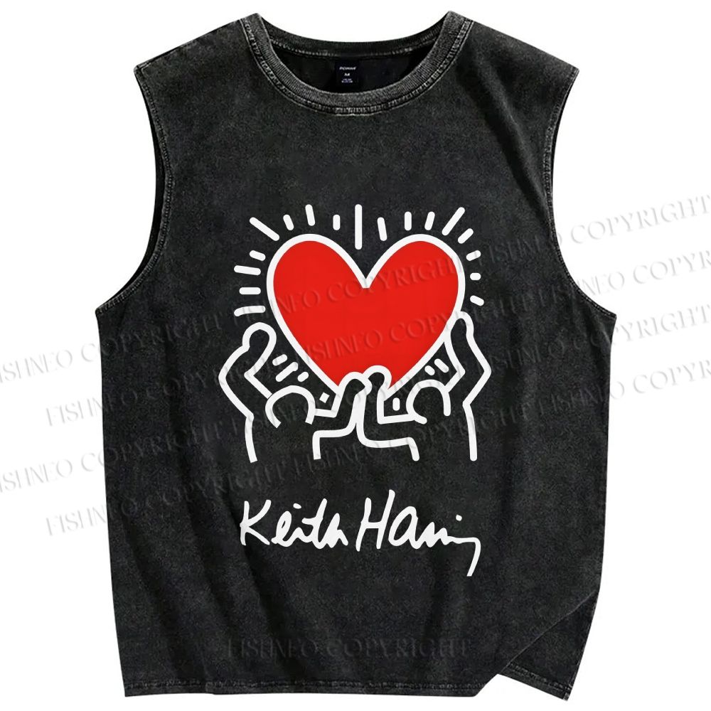 Unisex Keith Haring Heart Printed Washed Tank Top
