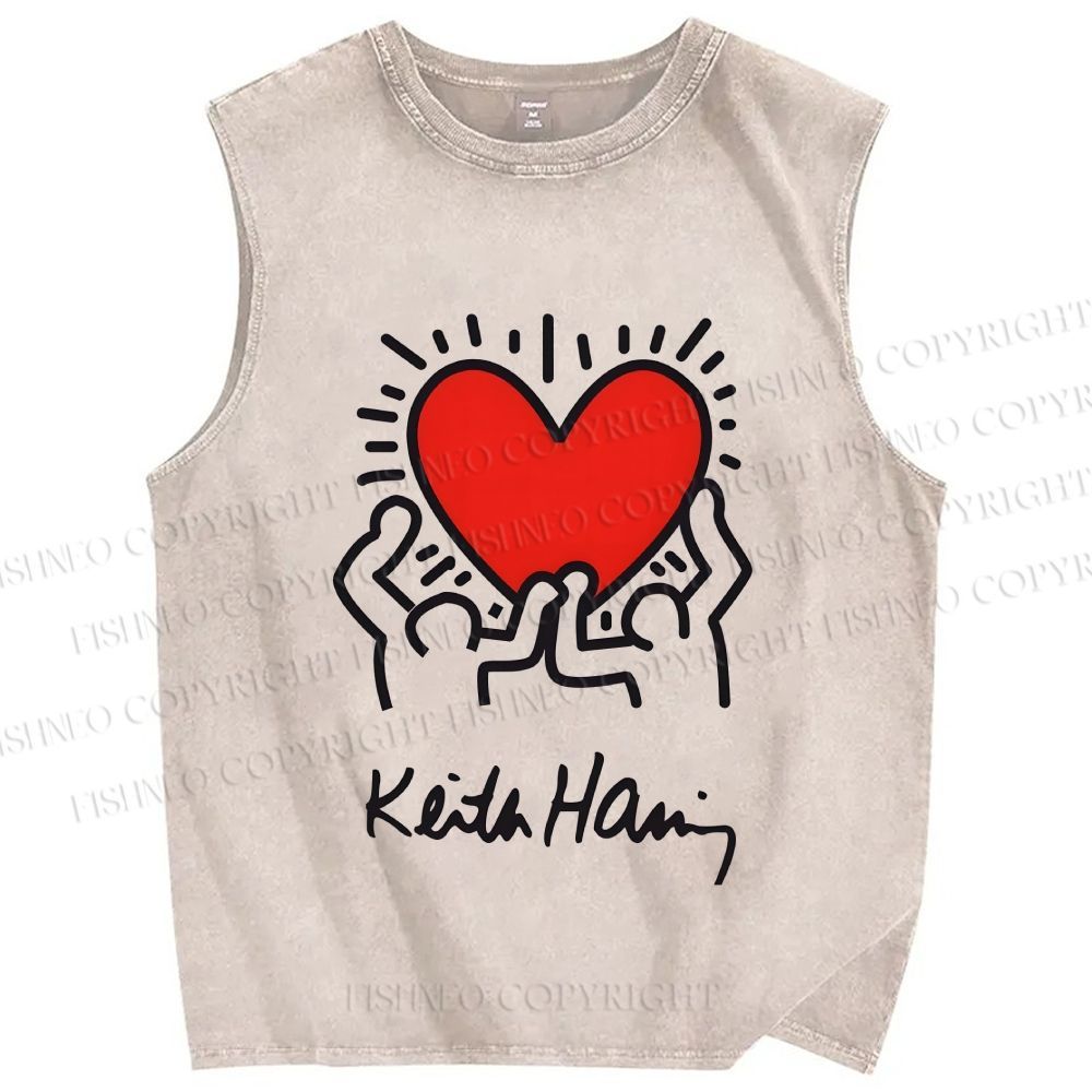 Unisex Keith Haring Heart Printed Washed Tank Top