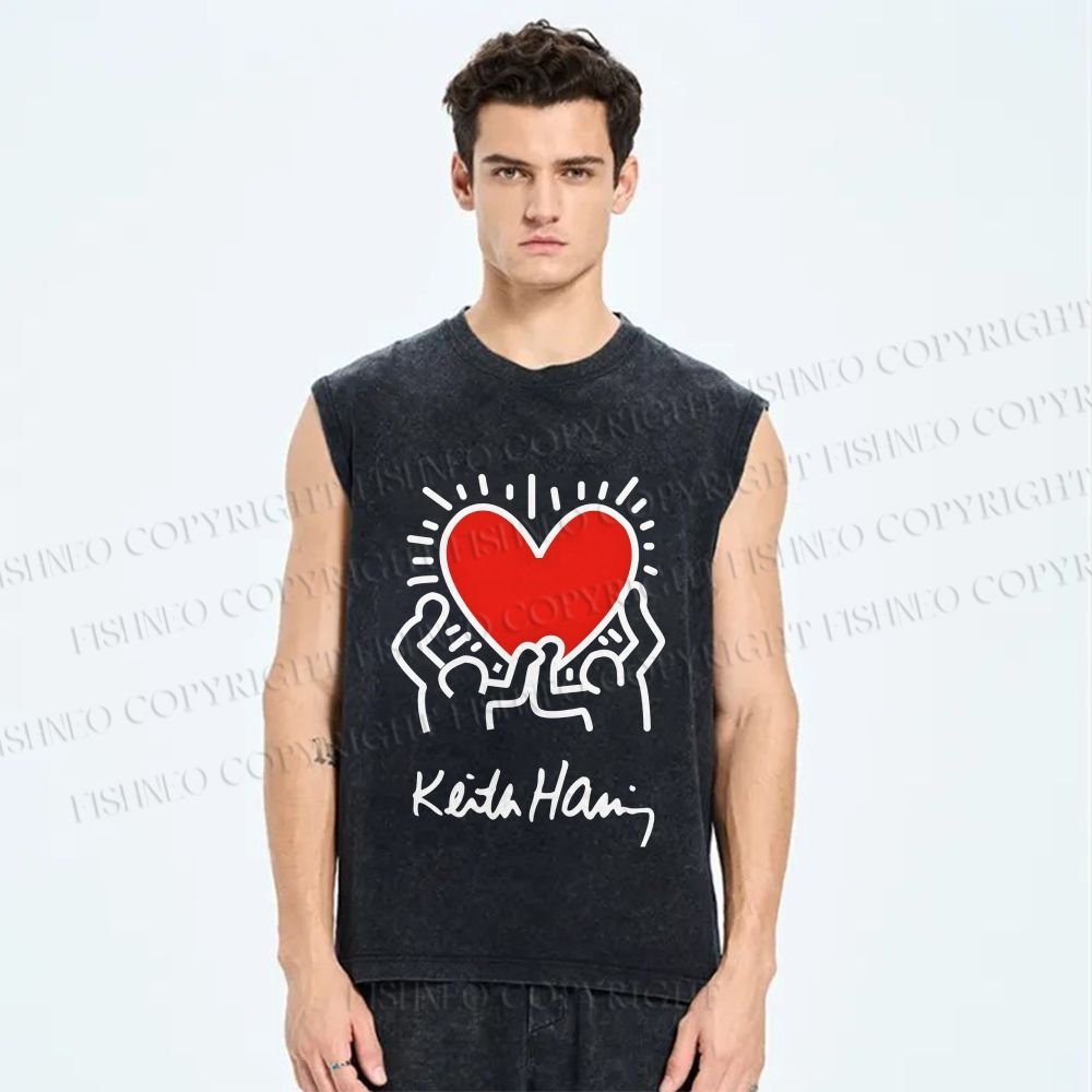 Unisex Keith Haring Heart Printed Washed Tank Top
