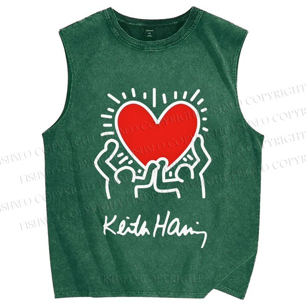 Unisex Keith Haring Heart Printed Washed Tank Top