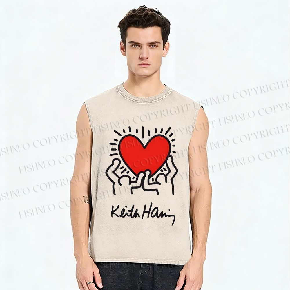 Unisex Keith Haring Heart Printed Washed Tank Top