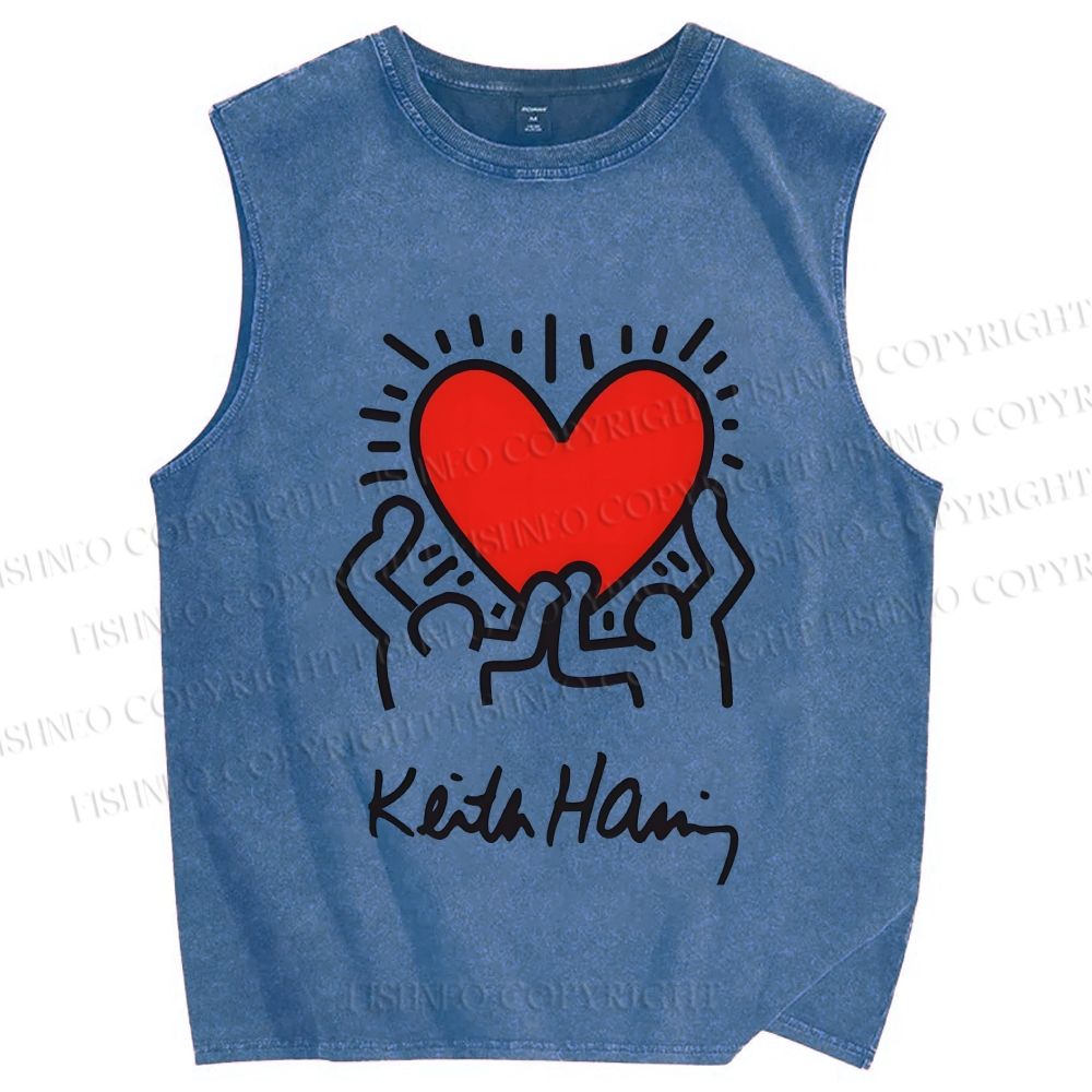 Unisex Keith Haring Heart Printed Washed Tank Top