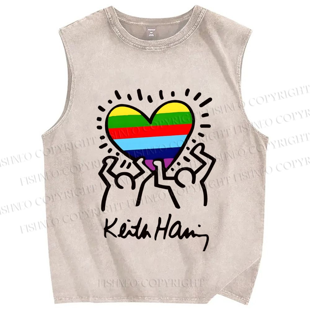 Unisex Keith Haring In Love Rainbow Printed Washed Tank Top