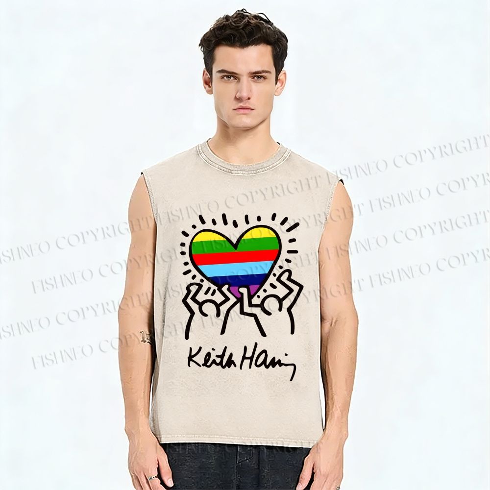 Unisex Keith Haring In Love Rainbow Printed Washed Tank Top