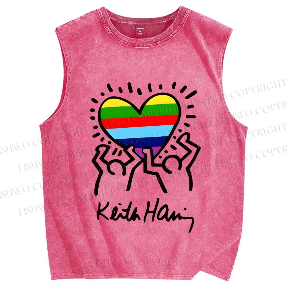 Unisex Keith Haring In Love Rainbow Printed Washed Tank Top