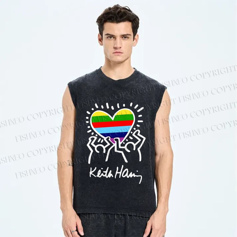 Unisex Keith Haring In Love Rainbow Printed Washed Tank Top