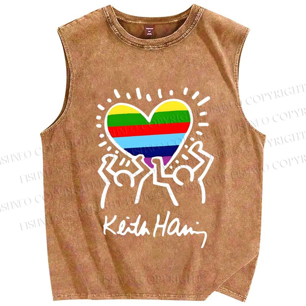 Unisex Keith Haring In Love Rainbow Printed Washed Tank Top
