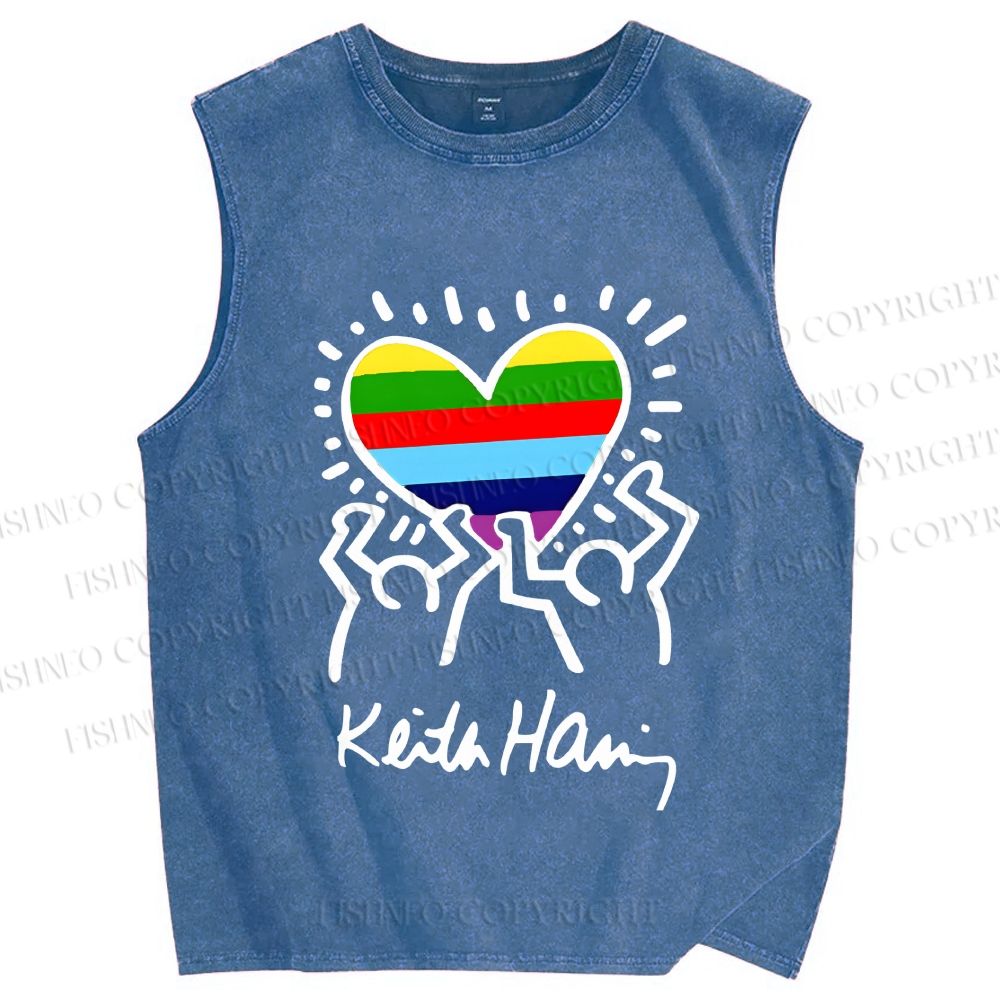 Unisex Keith Haring In Love Rainbow Printed Washed Tank Top