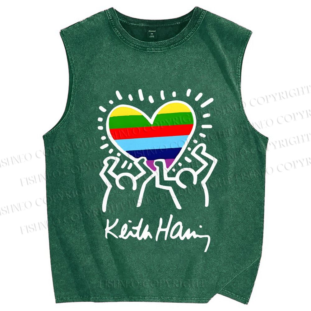 Unisex Keith Haring In Love Rainbow Printed Washed Tank Top